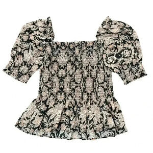 BB Dakota Steve Madden Top XS Puff Sleeve Shirred Paisley Floral Black Beach NWT